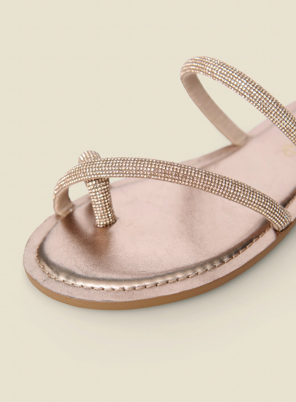 SOSANDAR Rose Gold Metallic Diamante Strap Flat Sandals 6 - Image 4 thumbnail